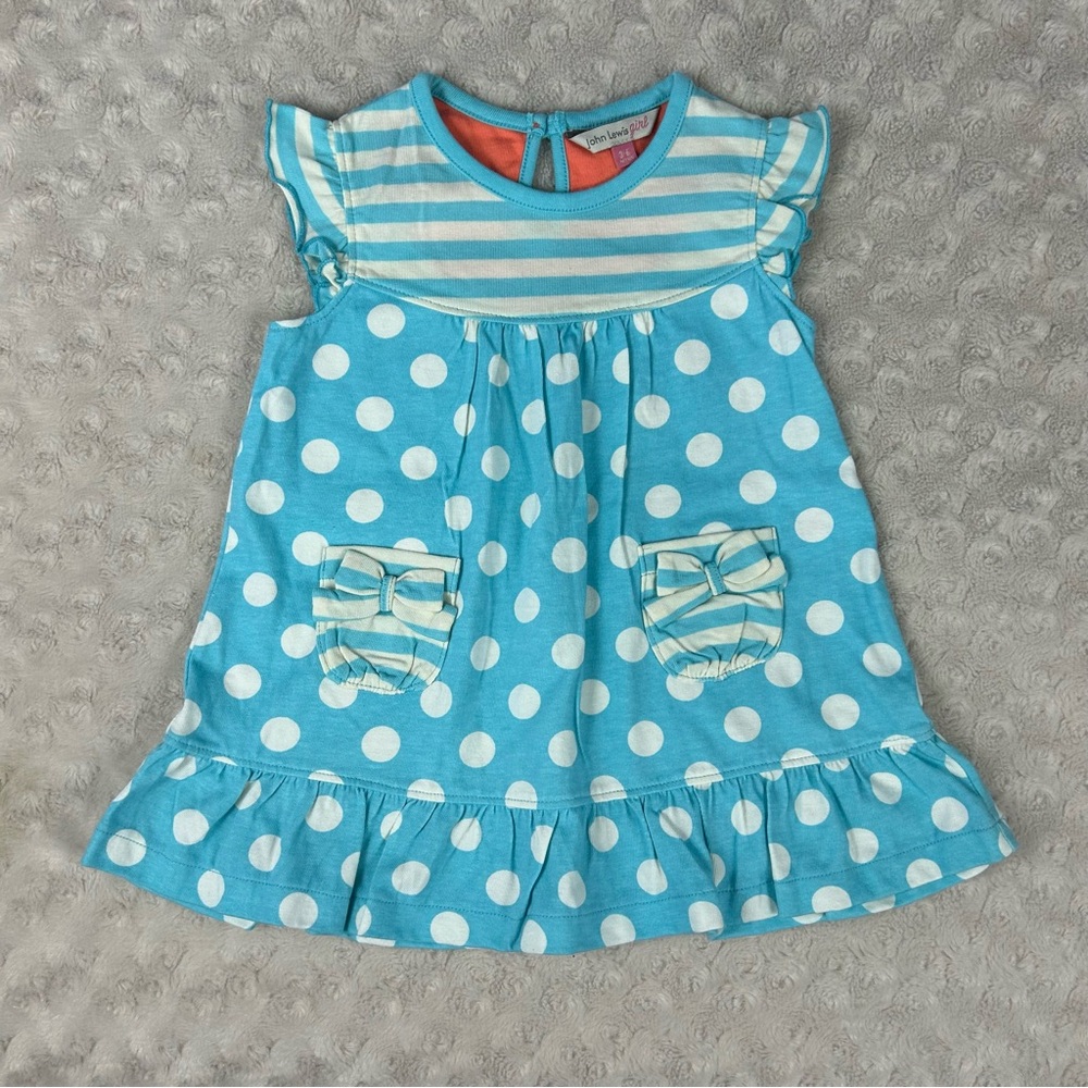 John Lewis Girl Baby Dress Size 3-6 Months Stripes Polka Dots Blue White